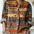 Women's Vintage Ethnic Geometric Stripe Painting Art Print Casual Cotton And Linen Ruffle Shirt