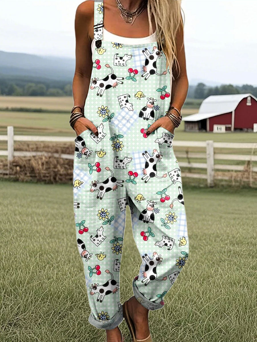 Women's Funny Cow Art Print Casual 100% Cotton Wide Leg Jumpsuit