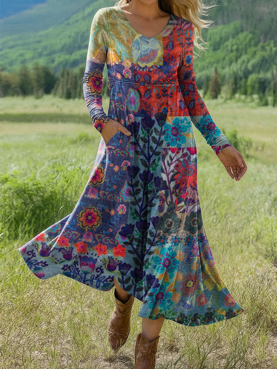 Women's Boho Floral Print Art Print Long-sleeved Dress