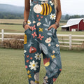 Women's Fun Cartoon Abstract Bee Flower Print Casual 100% Cotton Wide Leg Jumpsuit