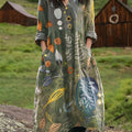 Women's Vintage Floral Art  Print Pocket V-neck Cotton Dress
