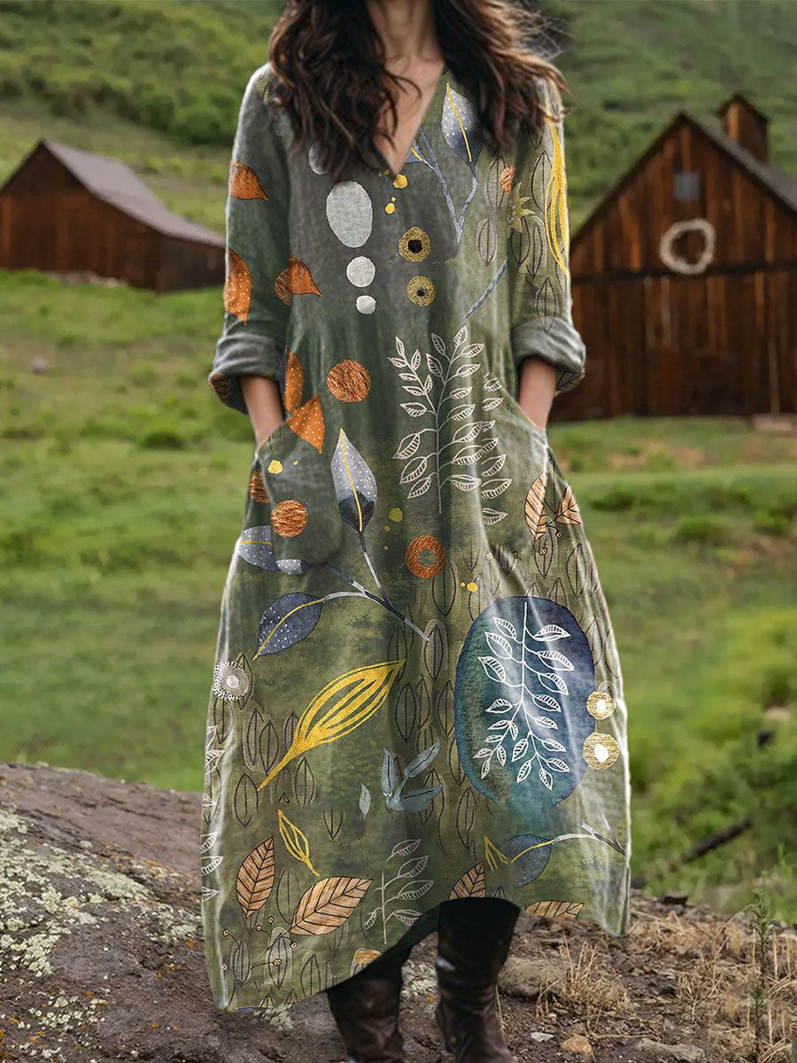 Women's Vintage Floral Art  Print Pocket V-neck Cotton Dress