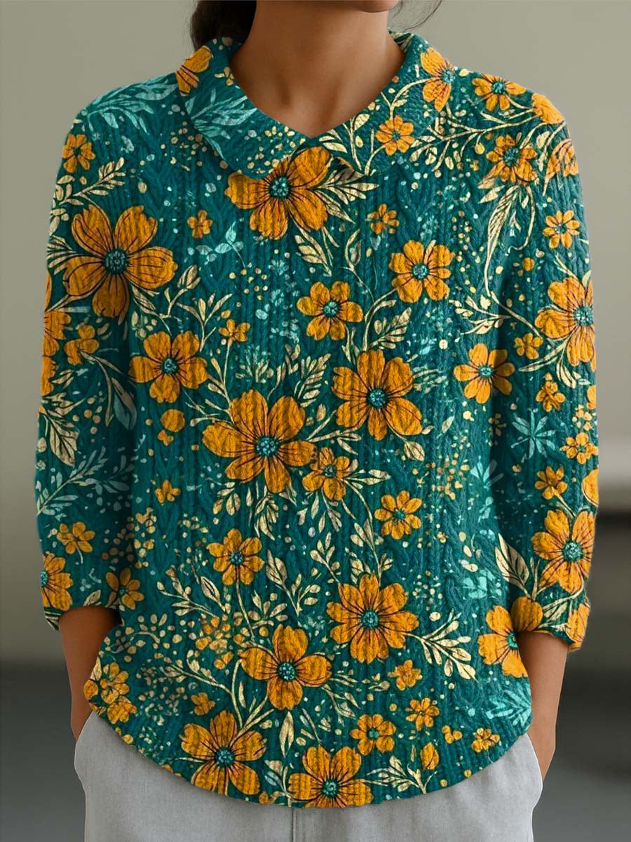 womens-vintage-floral-art-print-casual-peter-pan-collar-3-4-sleeve-sweater-yzlx