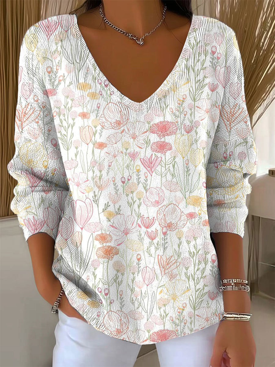 Women's  Vintage Flower Art Print Casual Pullover Sweater