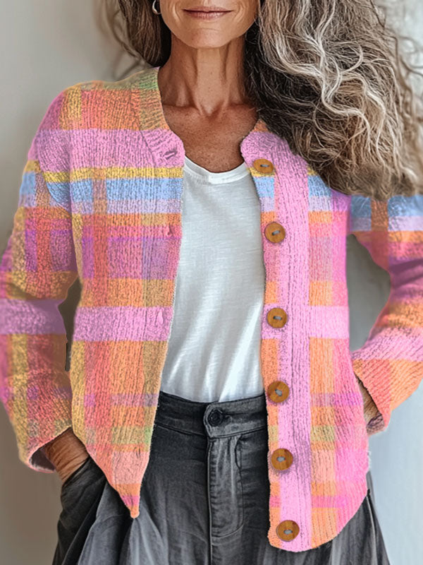 vintage-abstract-plaid-art-print-buttoned-cardigan-sweater