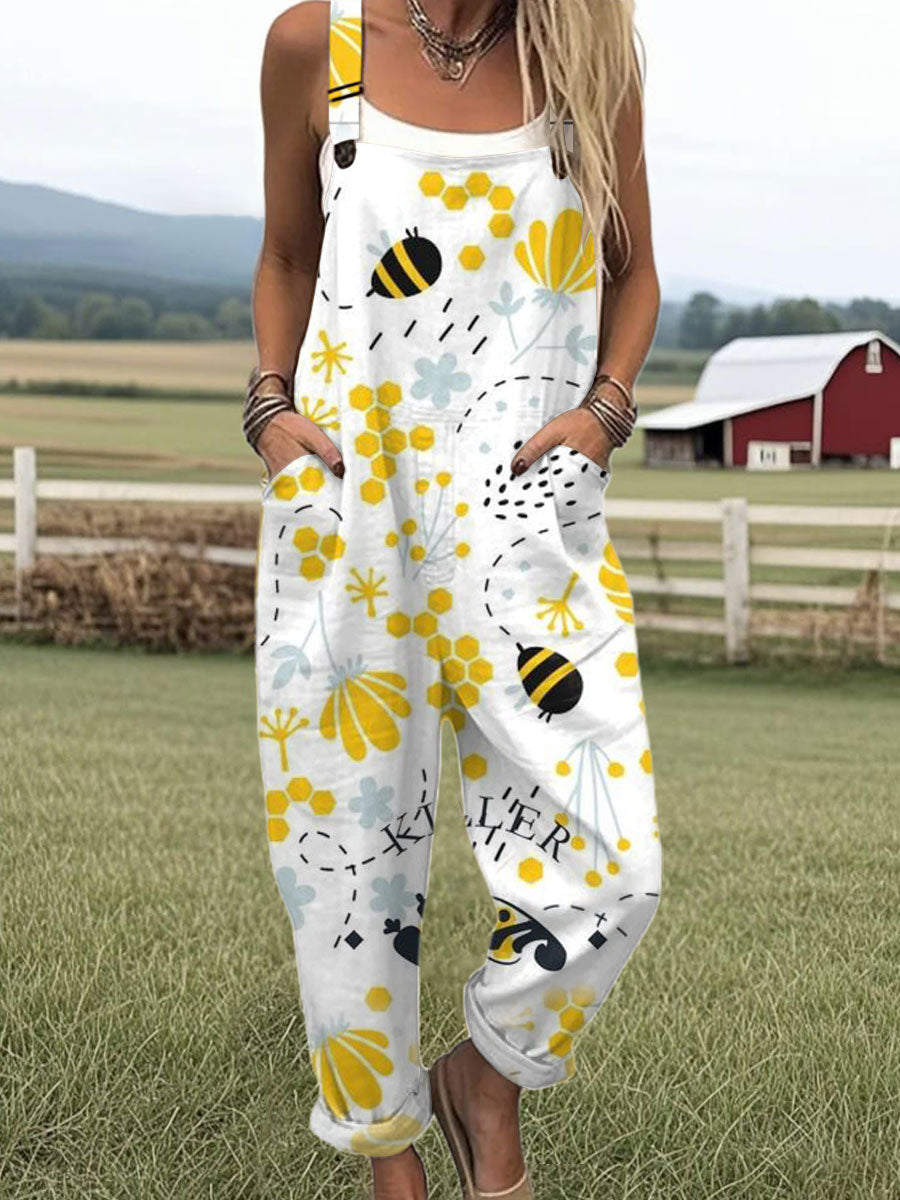 Women's  Funny Bee Art Print Casual 100% Cotton Wide Leg Jumpsuit