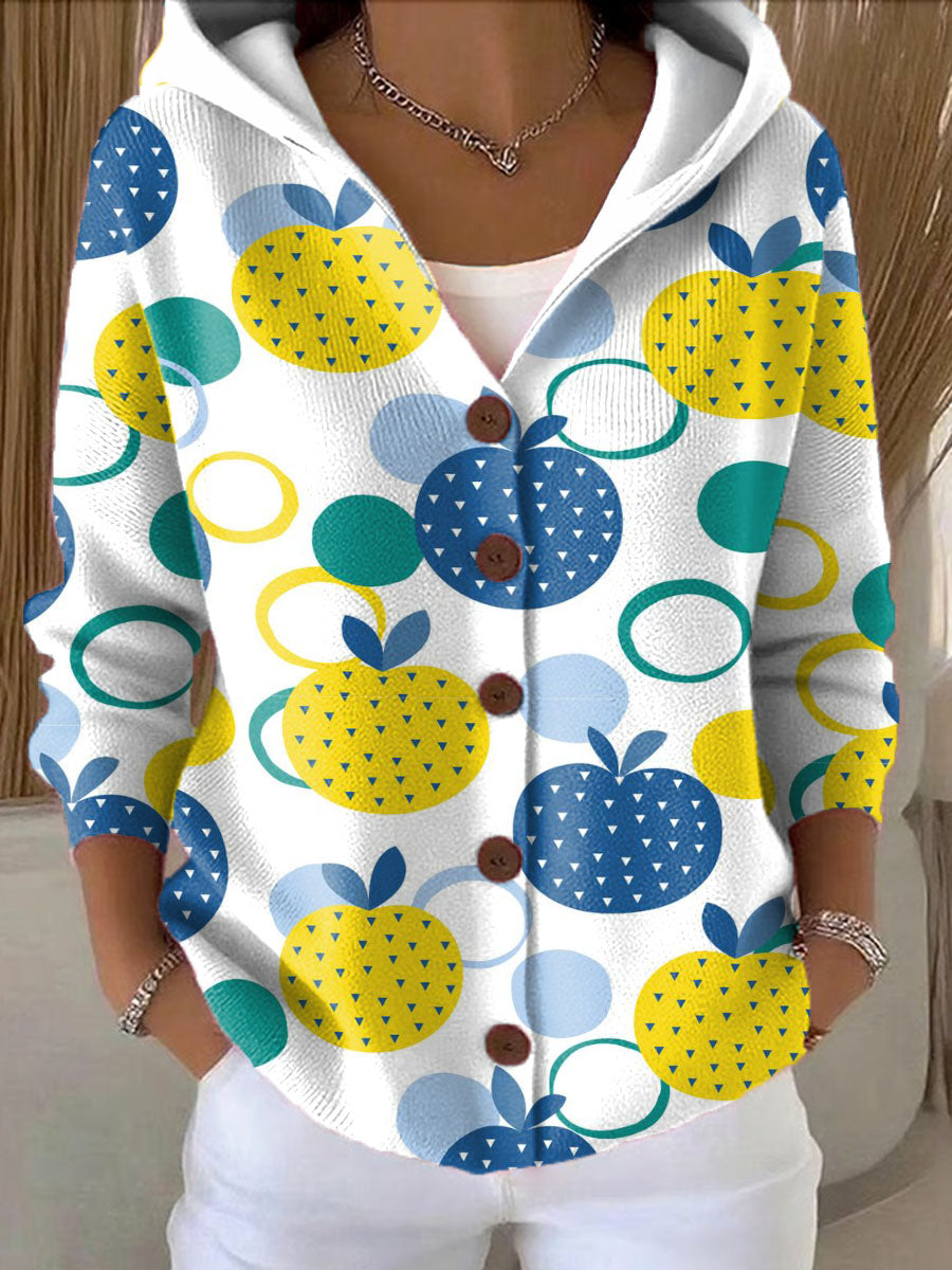 Women's Color Circle Apple Printed Casual Hooded Button Sweater