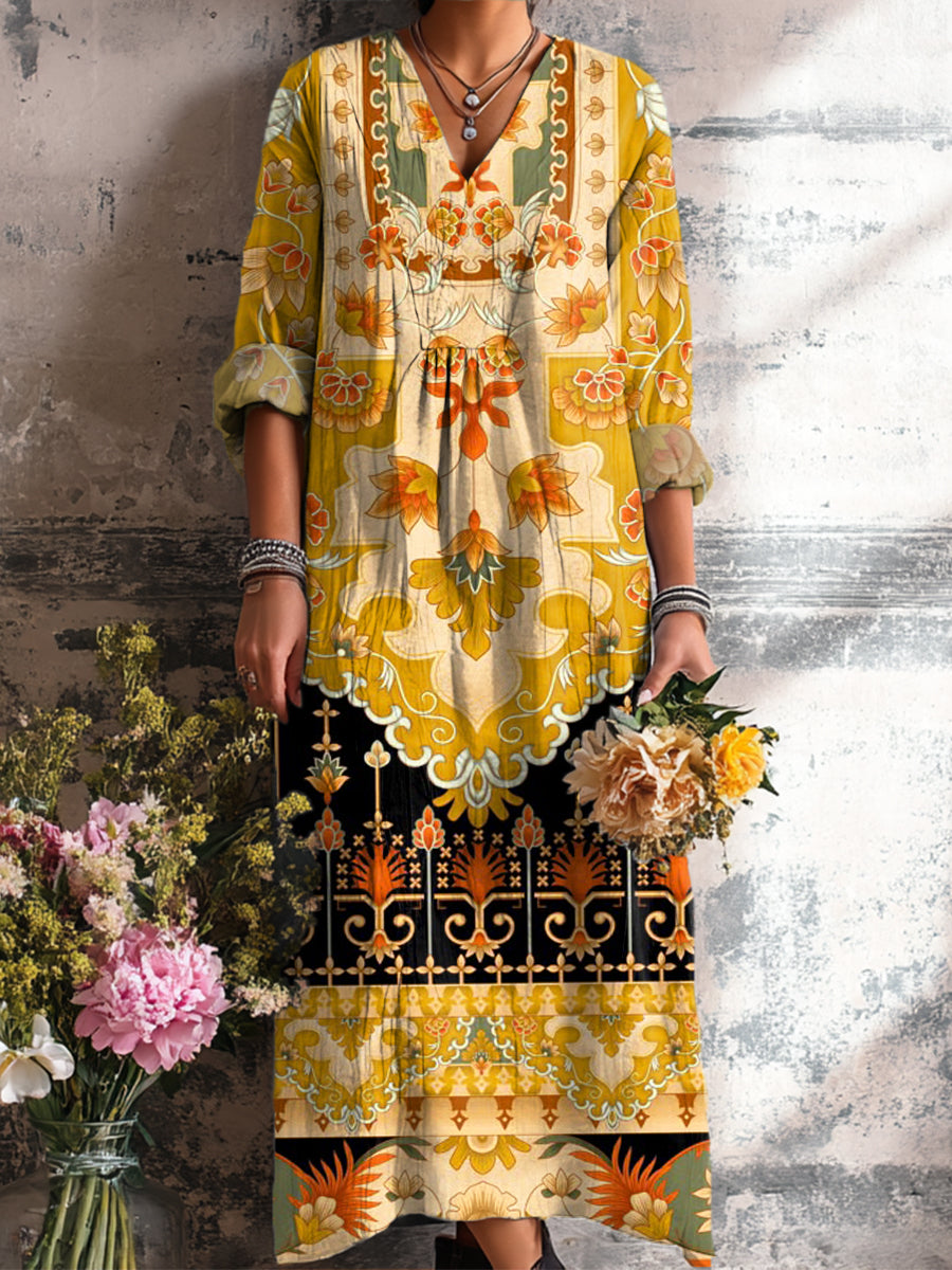 Women's Vintage Ethnic Geometric Floral Art Print Dress