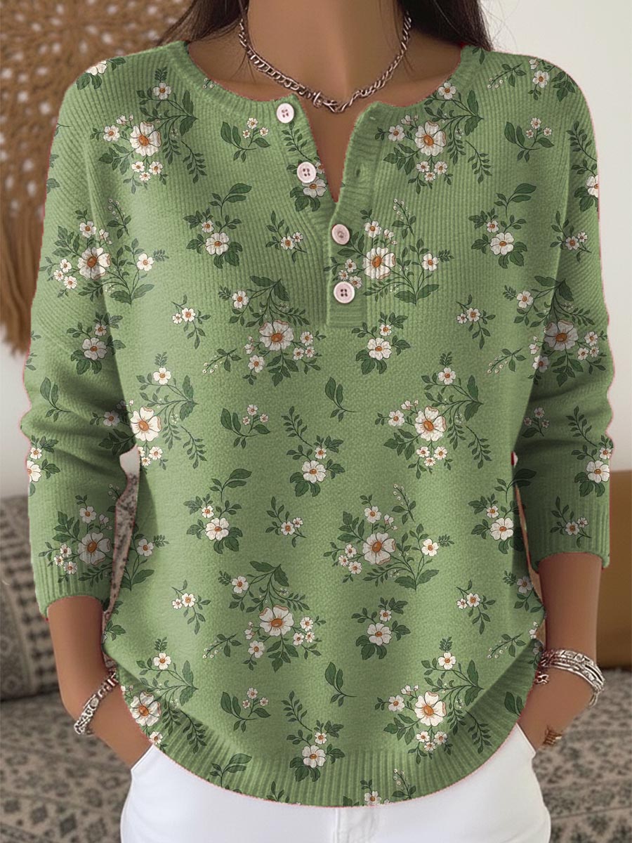 Women's Floral Pattern Art Print Buttoned Cardigan Sweater