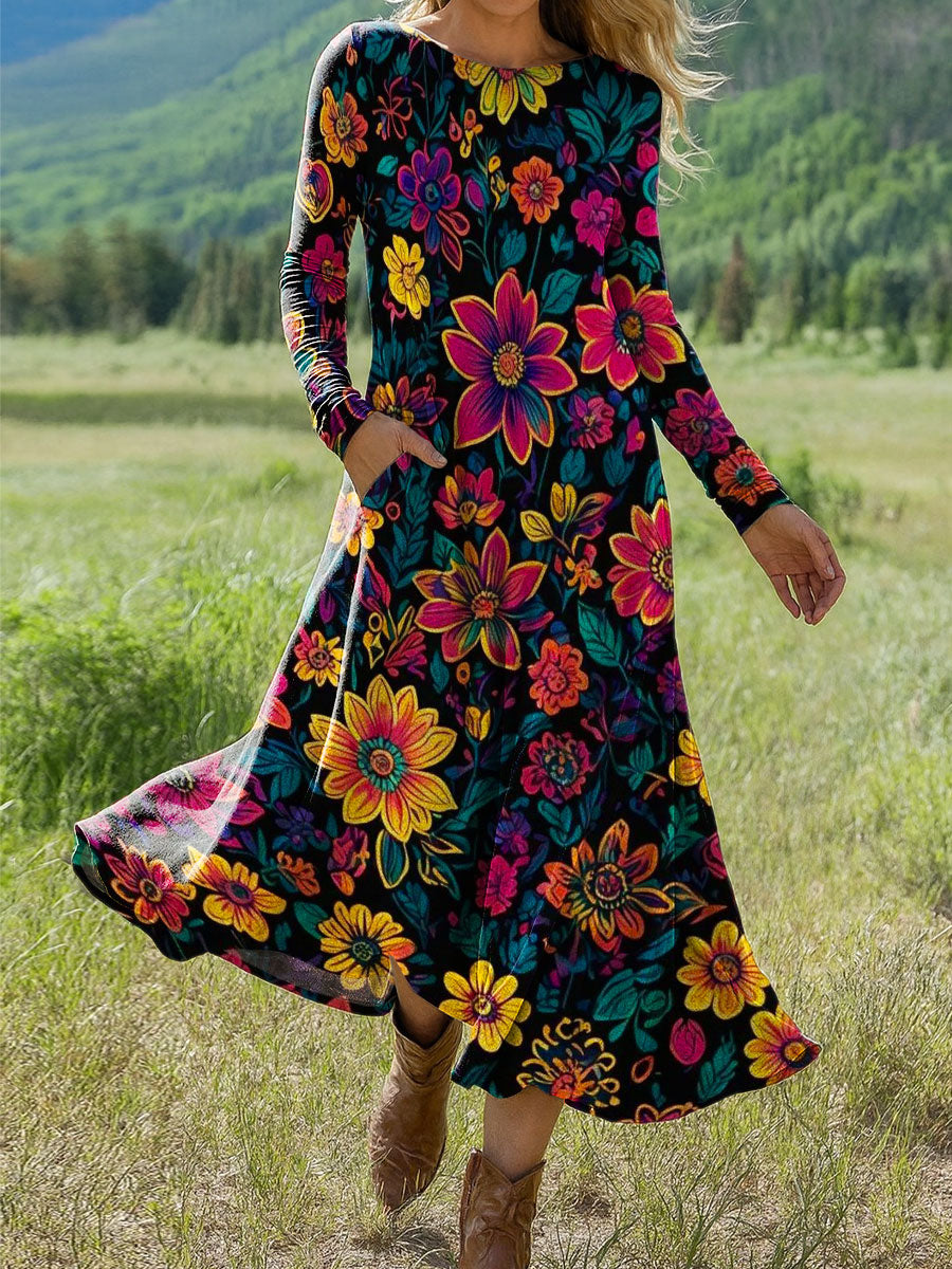 Women's Flowers Floral Art Print Long-sleeved Dress