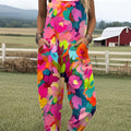 Women's  Vintage Flower Art Print Casual 100% Cotton Wide Leg Jumpsuit