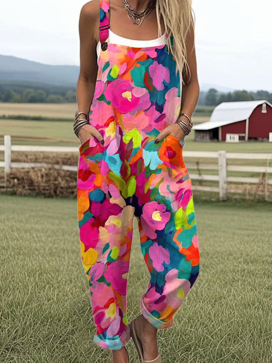 Women's  Vintage Flower Art Print Casual 100% Cotton Wide Leg Jumpsuit