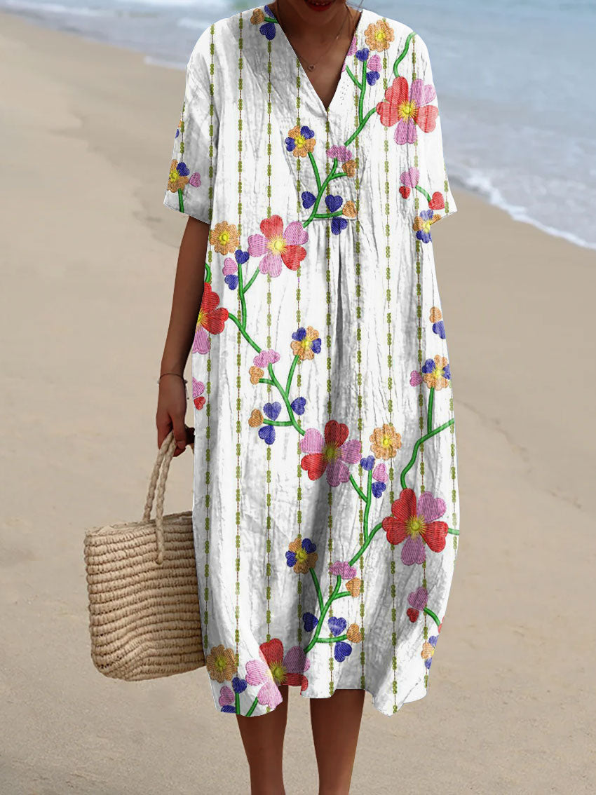 Women's Vintage Floral Embroidery Art Print Flowy Dress