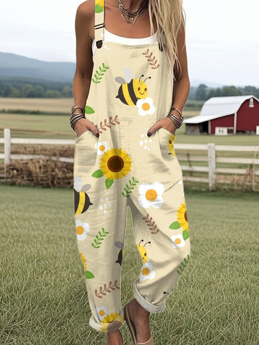 Women's  Bee  Floral  Art Print Casual 100% Cotton Wide Leg Jumpsuit