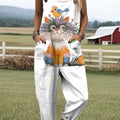 Women's Lovely Cat Bird Pattern Art Print Casual 100% Cotton Wide Leg Jumpsuit