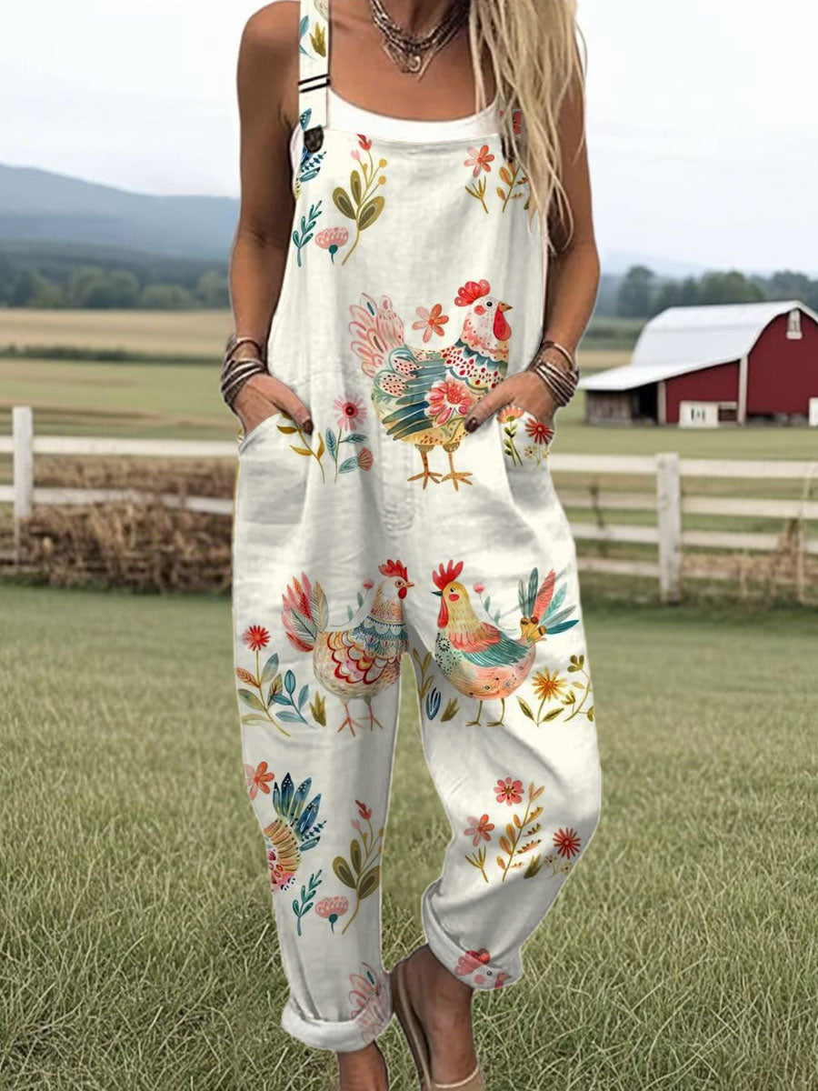Women's  Funny Rooster Flower Art Print Casual 100% Cotton Wide Leg Jumpsuit