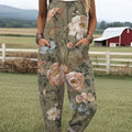 Women's  Vintage Flower Art Print Casual 100% Cotton Wide Leg Jumpsuit