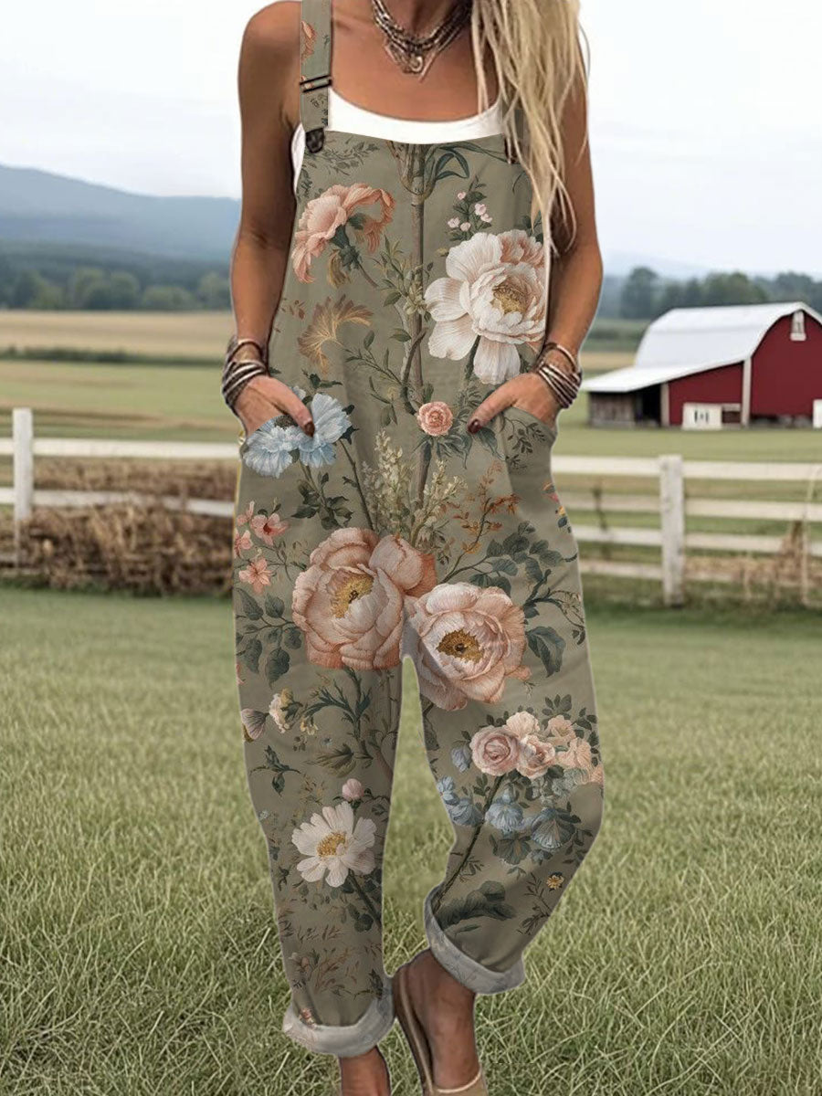 Women's  Vintage Flower Art Print Casual 100% Cotton Wide Leg Jumpsuit