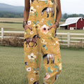Women's  Funny  Farm Horse Flower Art Print Casual 100% Cotton Wide Leg Jumpsuit