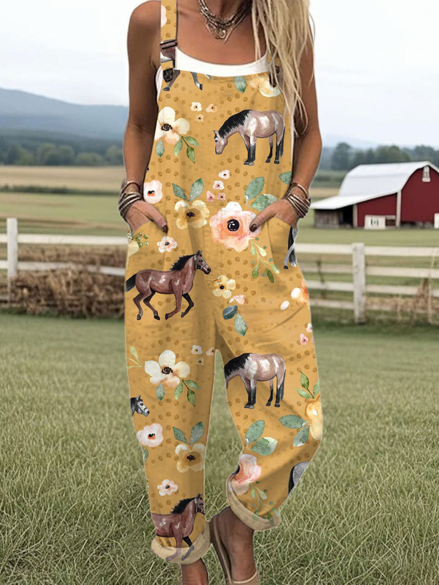 Women's  Funny  Farm Horse Flower Art Print Casual 100% Cotton Wide Leg Jumpsuit