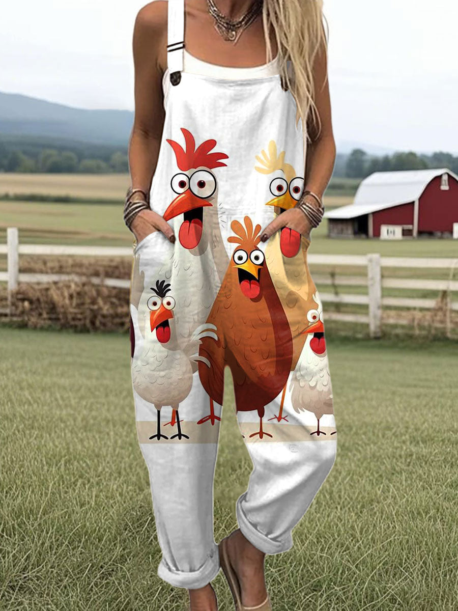 Women's  Happy Funny Rooster Art Print Casual 100% Cotton Wide Leg Jumpsuit