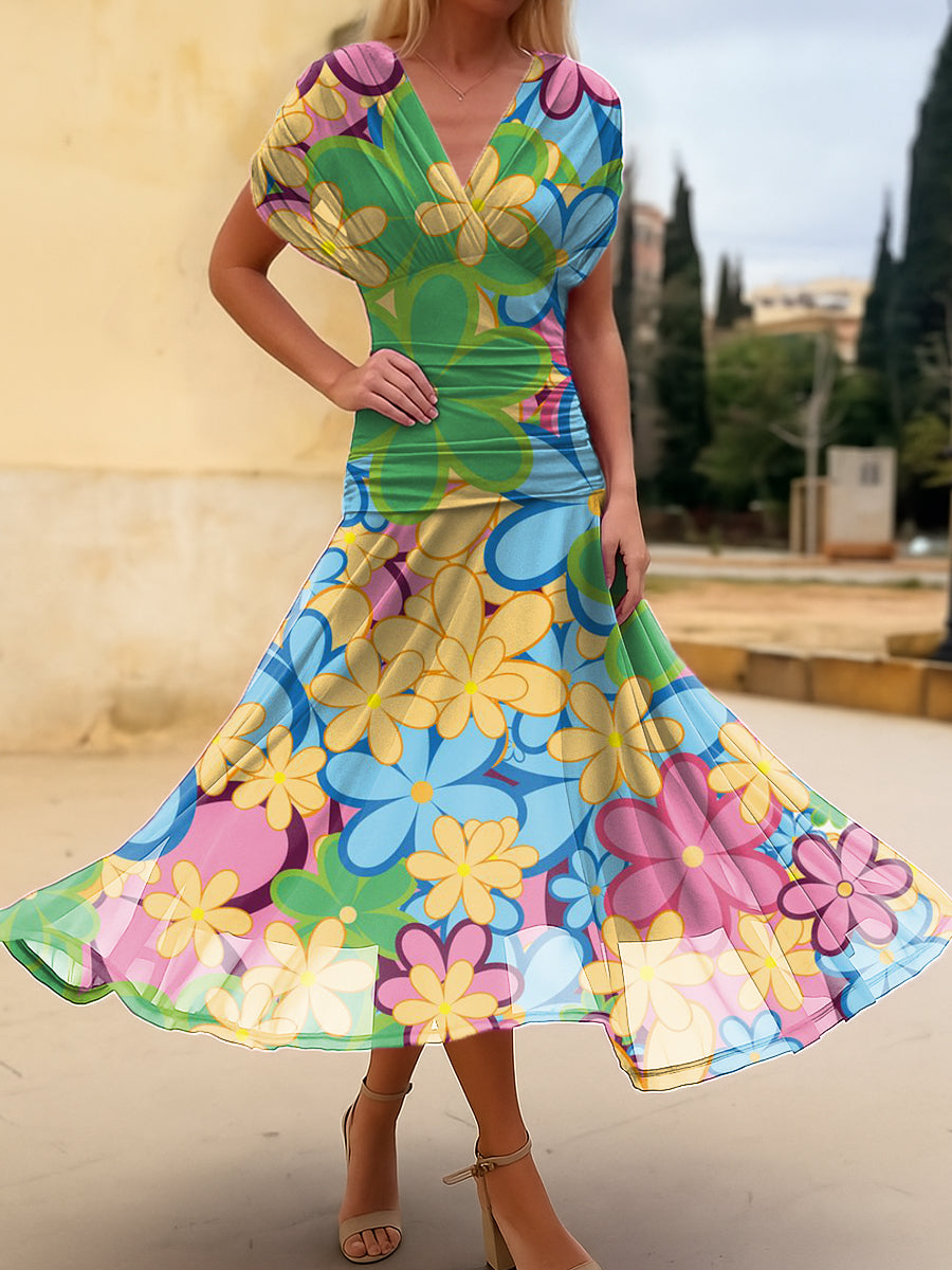 Women's Colorful Large Flower Painting Art Print Cotton Dress