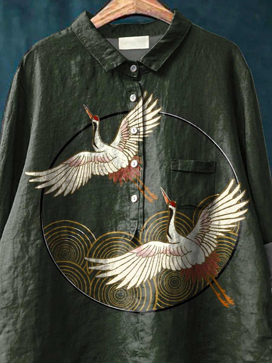 Japanese Style Flying Crane Art Printed Women's Casual Cotton And Linen Shirt