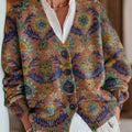 Vintage-Strickjacke mit wunderschönem Blumenmuster und Knopfleiste, V-Ausschnitt 