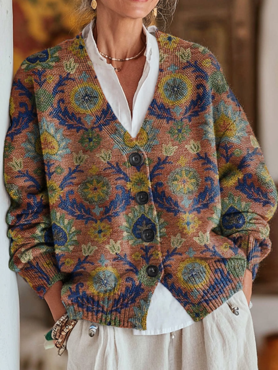 vintage-beautiful-floral-painting-art-print-buttoned-v-neck-cardigan-sweater