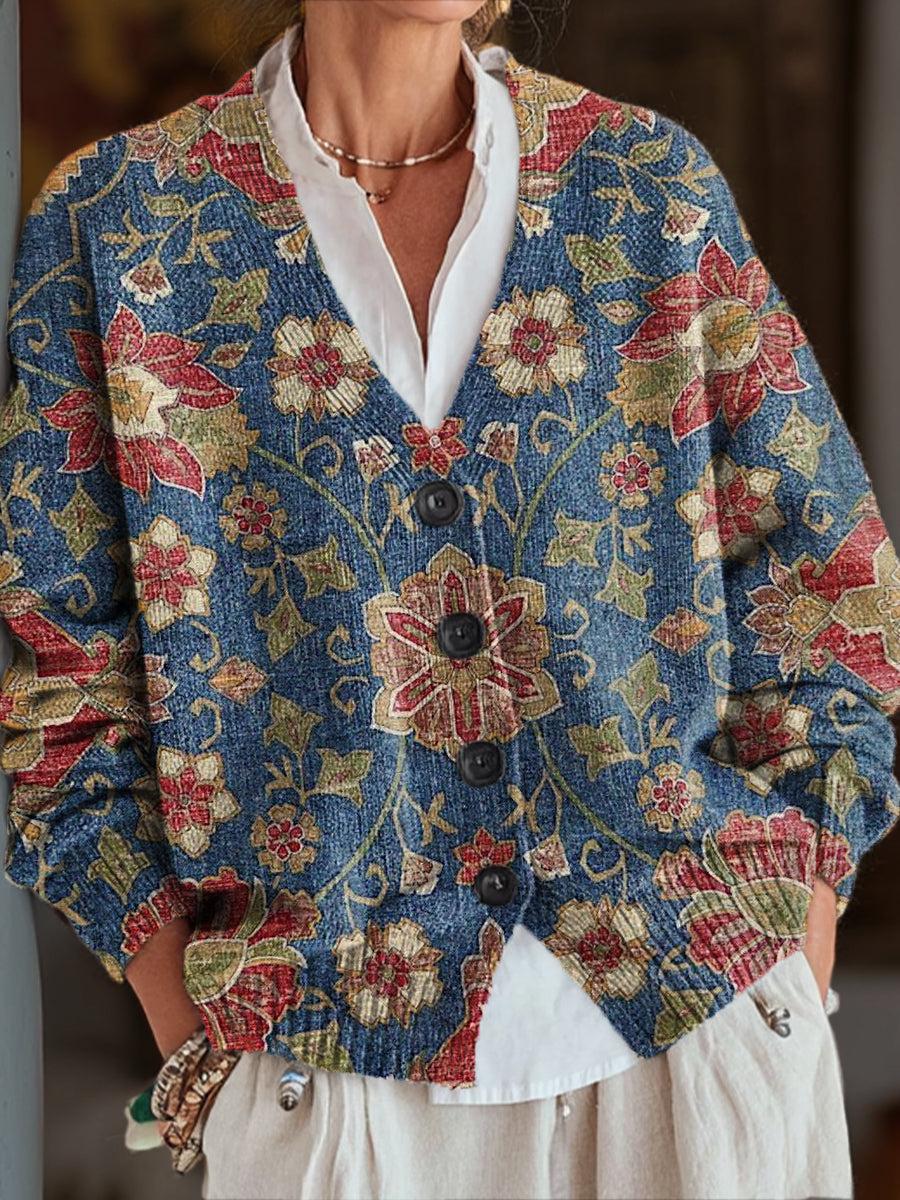 vintage-ethnic-floral-symmetrical-art-print-buttoned-v-neck-cardigan-sweater