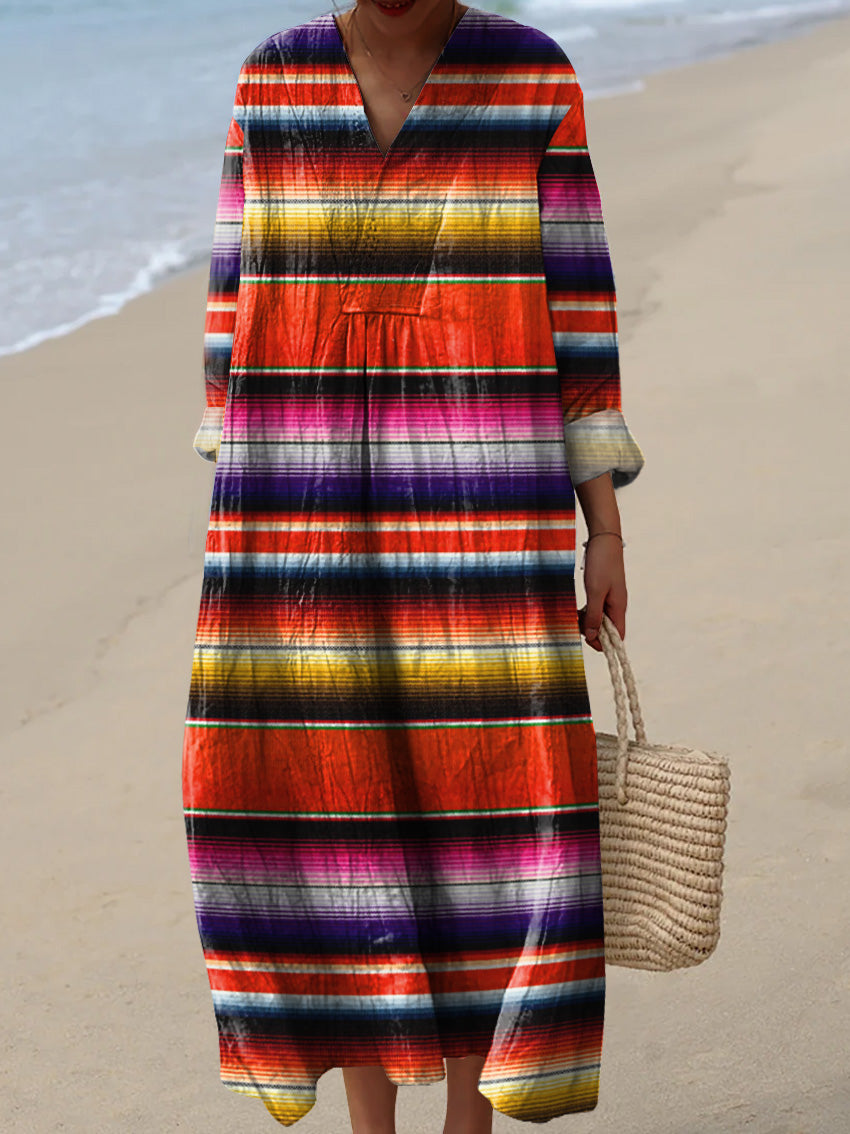 Retro Hippie Strip Pattern Printed Women's Dress