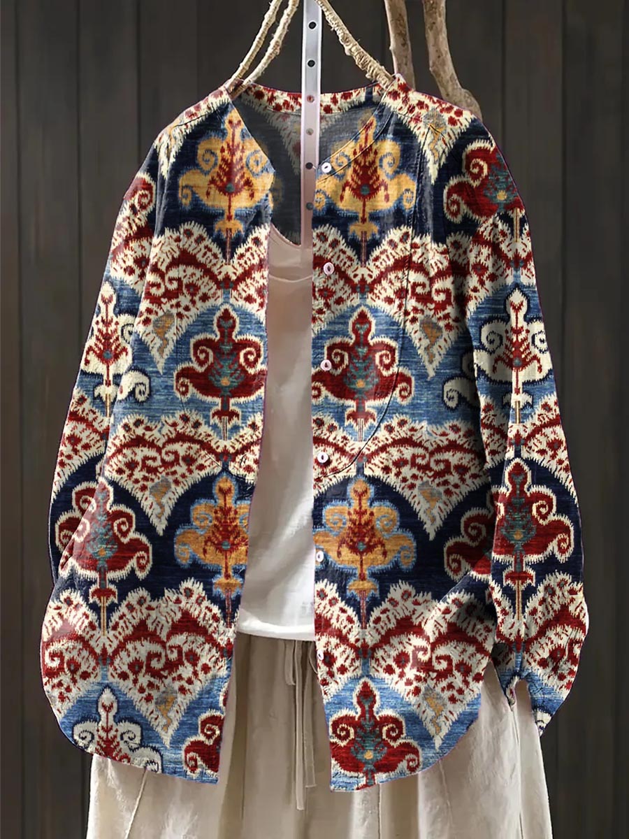 Women's Vintage Floral Art Print Casual Cotton And Linen Shirt