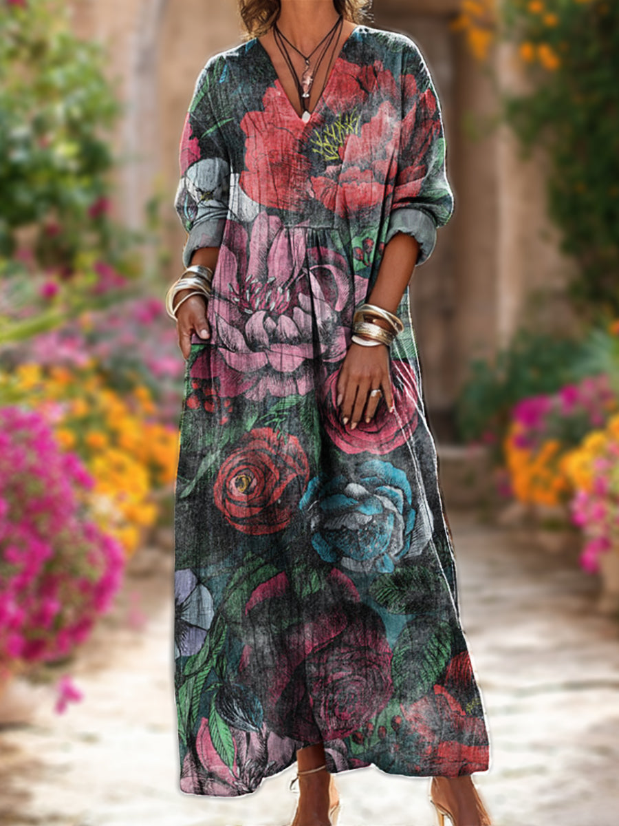 Women's Vintage Ethnic Floral Painting Art Print Dress