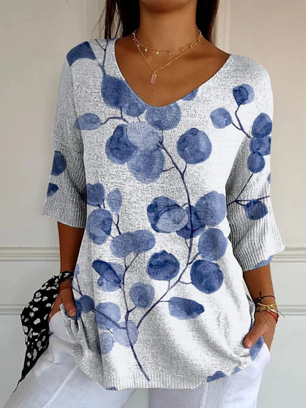 Pull en maille décontractée à motif floral botanique rétro pour femme 