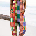 Women's Vintage Abstract Geometric Lines Art Print Casual 100% Cotton Wide Leg Jumpsuit