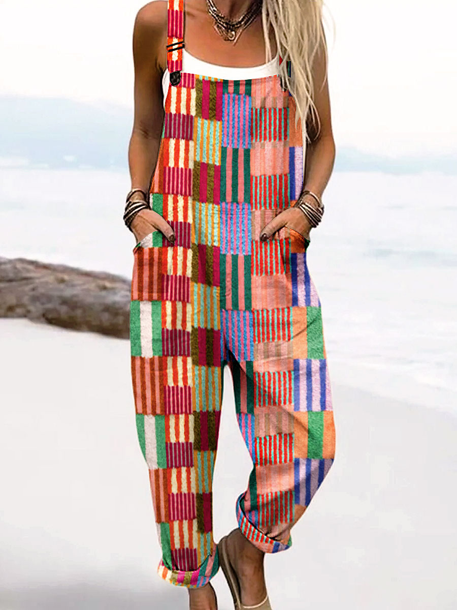 Women's Vintage Abstract Geometric Lines Art Print Casual 100% Cotton Wide Leg Jumpsuit