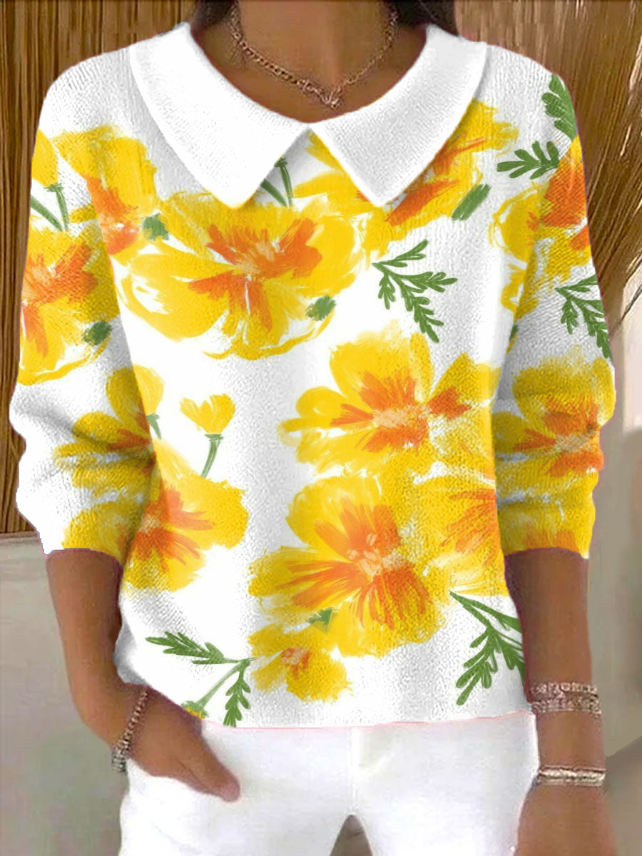 womens-yellow-flowers-art-pattern-casual-peter-pan-collar-3-4-sleeve-sweater