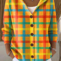 Women's Beautiful Colorful Line Checkered Painting Art Print Casual Hooded Button Sweater