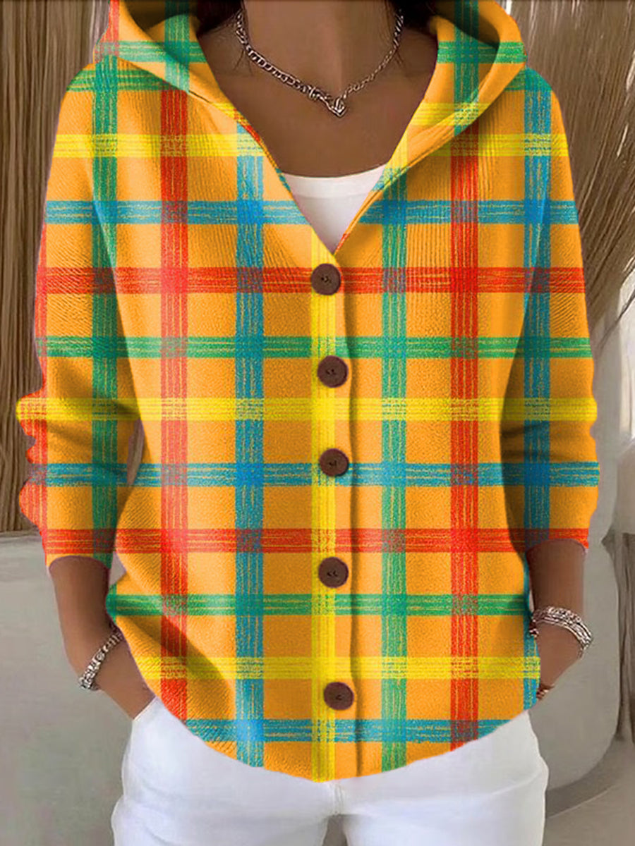 Women's Beautiful Colorful Line Checkered Painting Art Print Casual Hooded Button Sweater