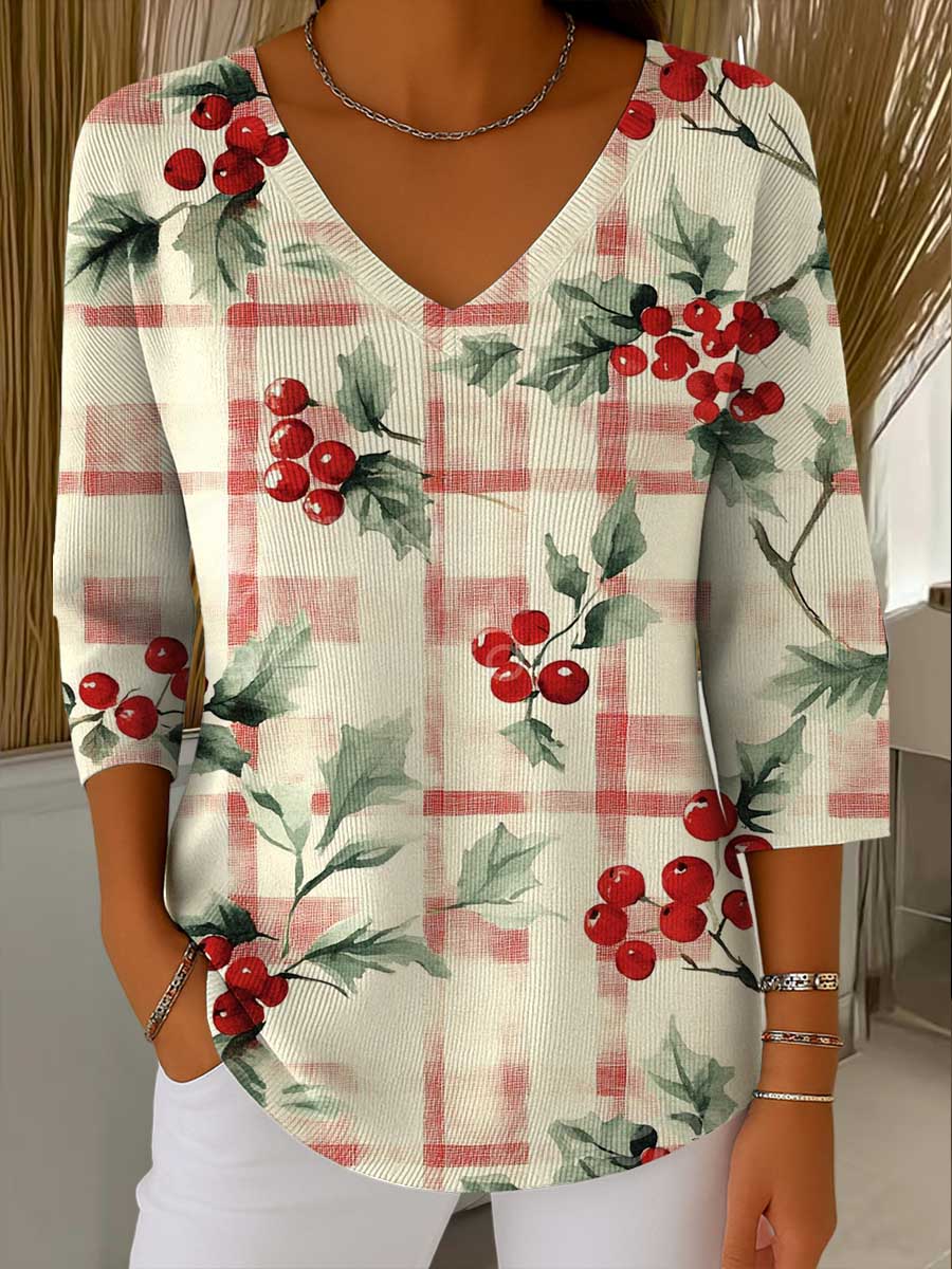Women's Christmas Print V-Neck Three-Quarter Sleeve Casual Sweater