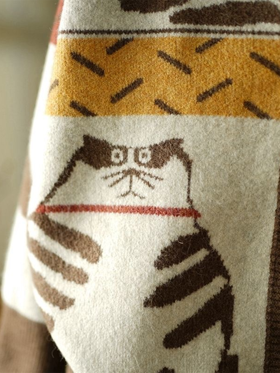 cat-print-contrast-button-cardigan-sweater