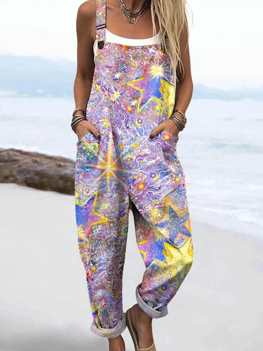 Women's Lovely Stars Pattern Art Print Casual 100% Cotton Wide Leg Jumpsuit