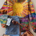 Pull à col roulé en maille à imprimé floral soleil vintage pour femme 