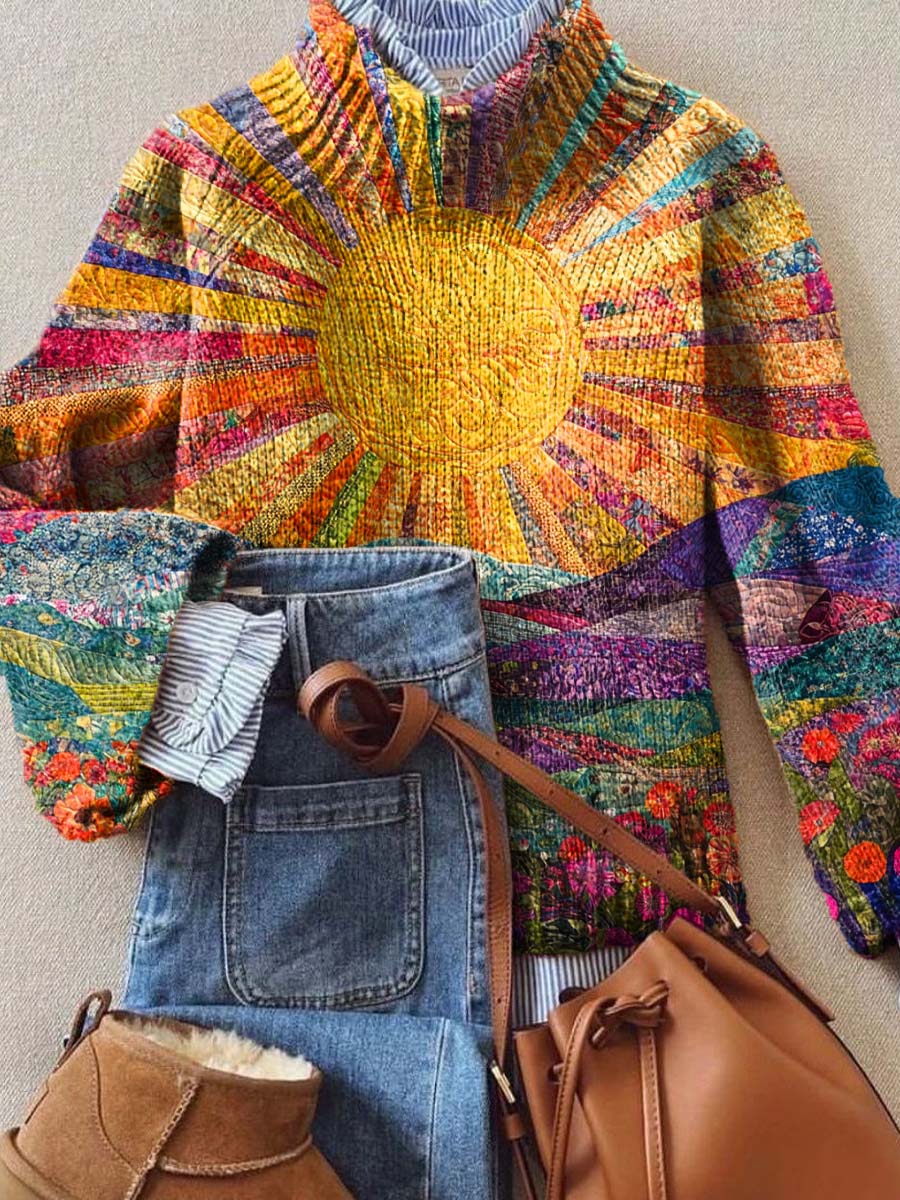 Women's Vintage Lovely Sun Floral Art Print Knit Turtleneck Pullover Sweater