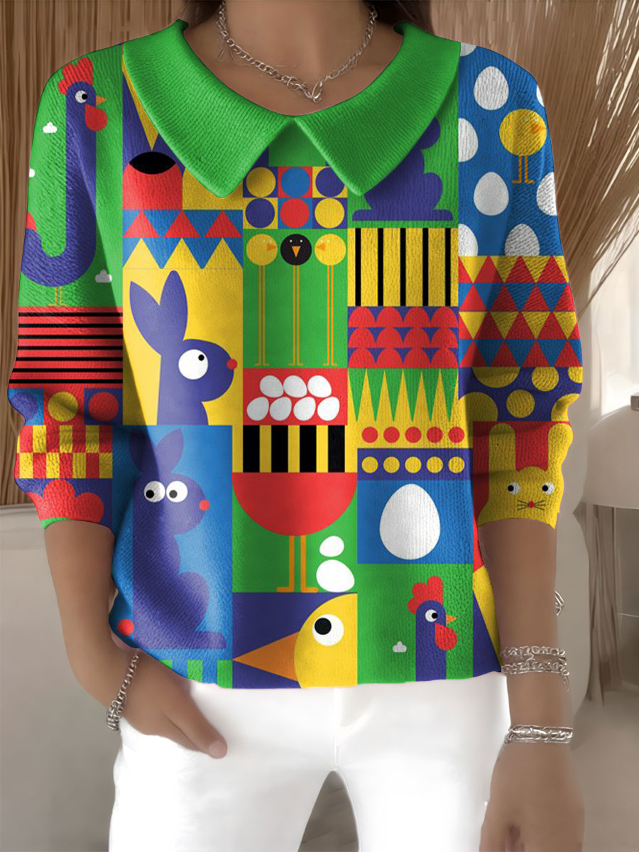 womens-multicolor-patchwork-rabbit-casual-print-peter-pan-collar-3-4-sleeve-sweater