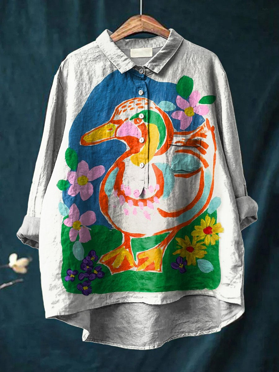 Lovely Duck And Spring Pond Printed Women's Casual Cotton And Linen Shirt