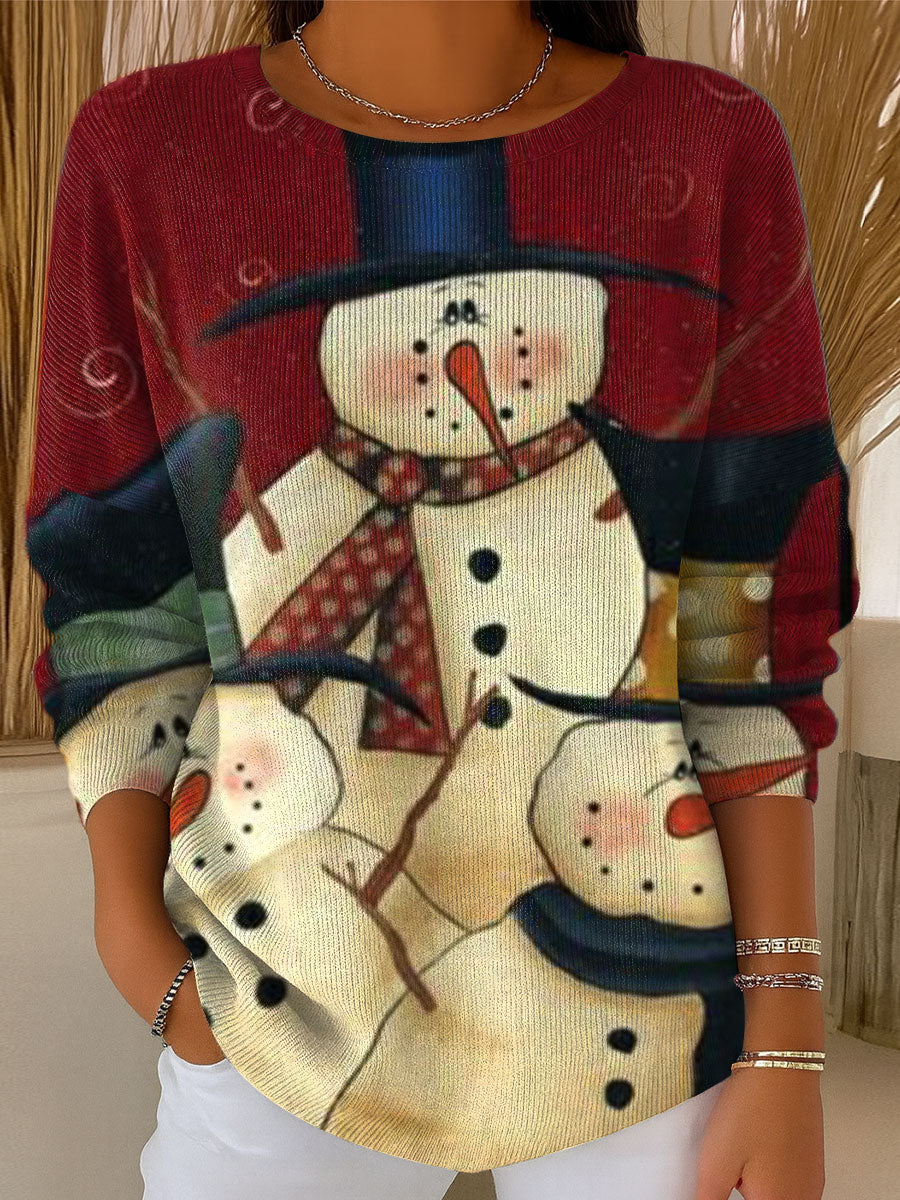 Women's Christmas Vintage Snowman Art Print Casual Pullover Sweater