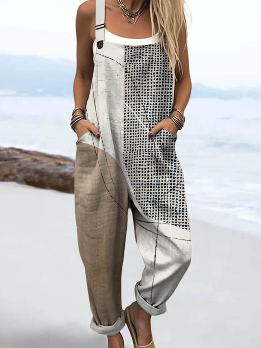 Women's Abstract Geometric Pattern Art Print Casual 100% Cotton Wide Leg Jumpsuit