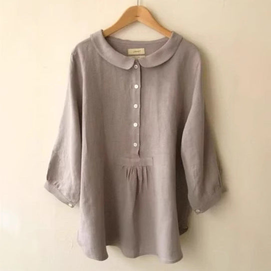Women's Little Doll Collar Pullover Cotton And Linen  Shirt