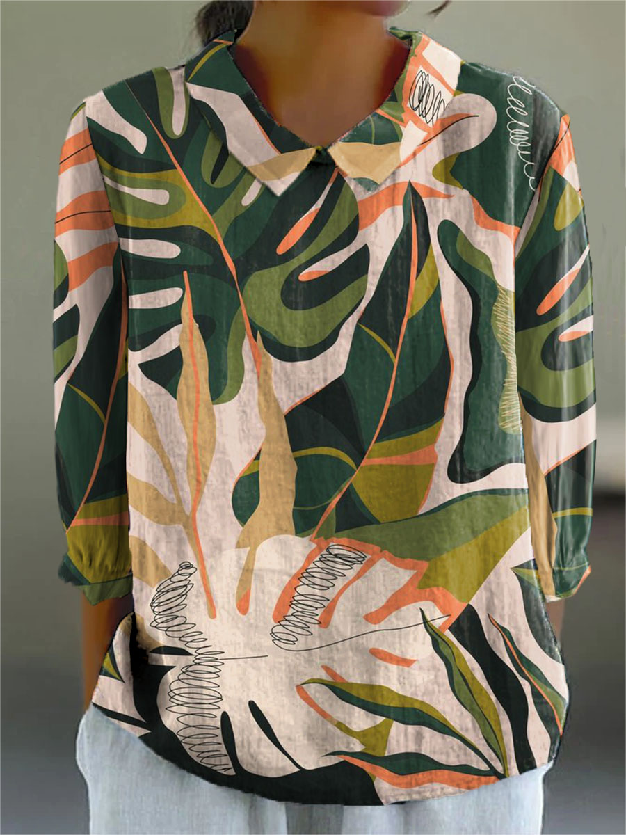 Women's Leaf Print Casual Cotton And Linen 3/4 Sleeve Shirt